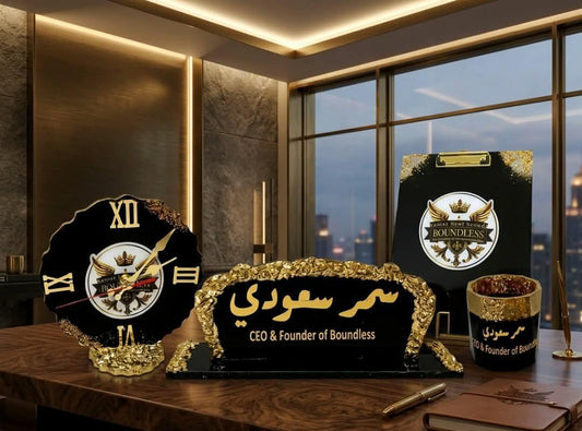 طقم مكتب ريزن أسود مطعّم بالأحجار