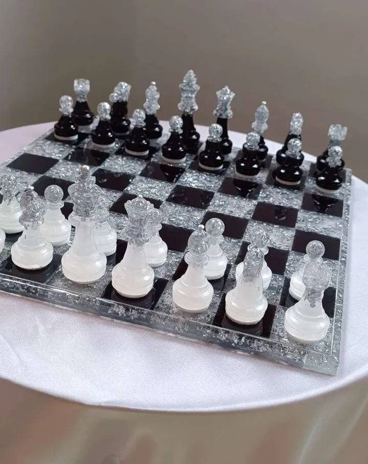 Handcrafted Resin Chess Set – Black & Gold Flake Edition