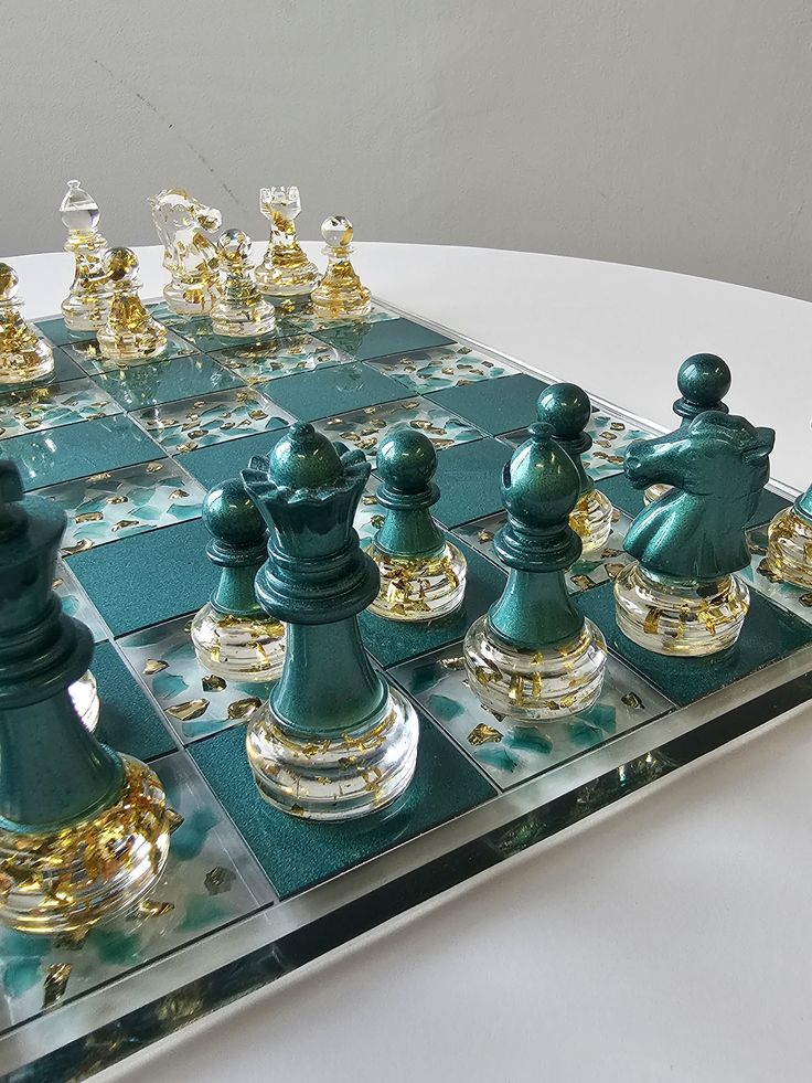 Handcrafted Resin Chess Set – Emerald Teal & Gold Edition