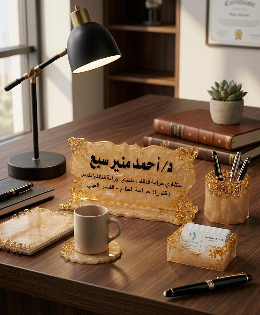 طقم مكتب ريزن ذهبي فاخر مخصص بالاسم | 6 قطع متكاملة