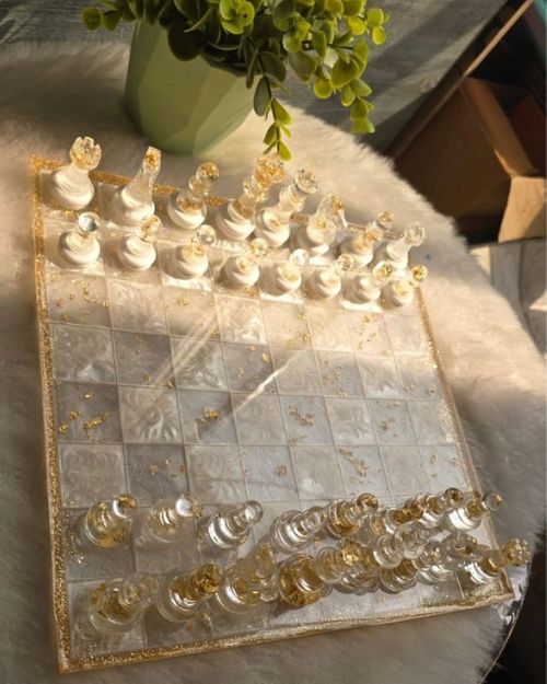 Handcrafted Resin Chess Set – Ivory & Gold Flake Edition