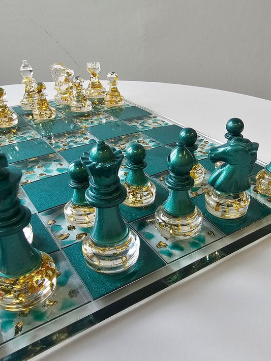 Handcrafted Resin Chess Set – Emerald Teal & Gold Edition